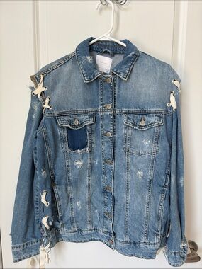 Zara Light Blue Distressed Denim Jacket with Lace-Up Accents